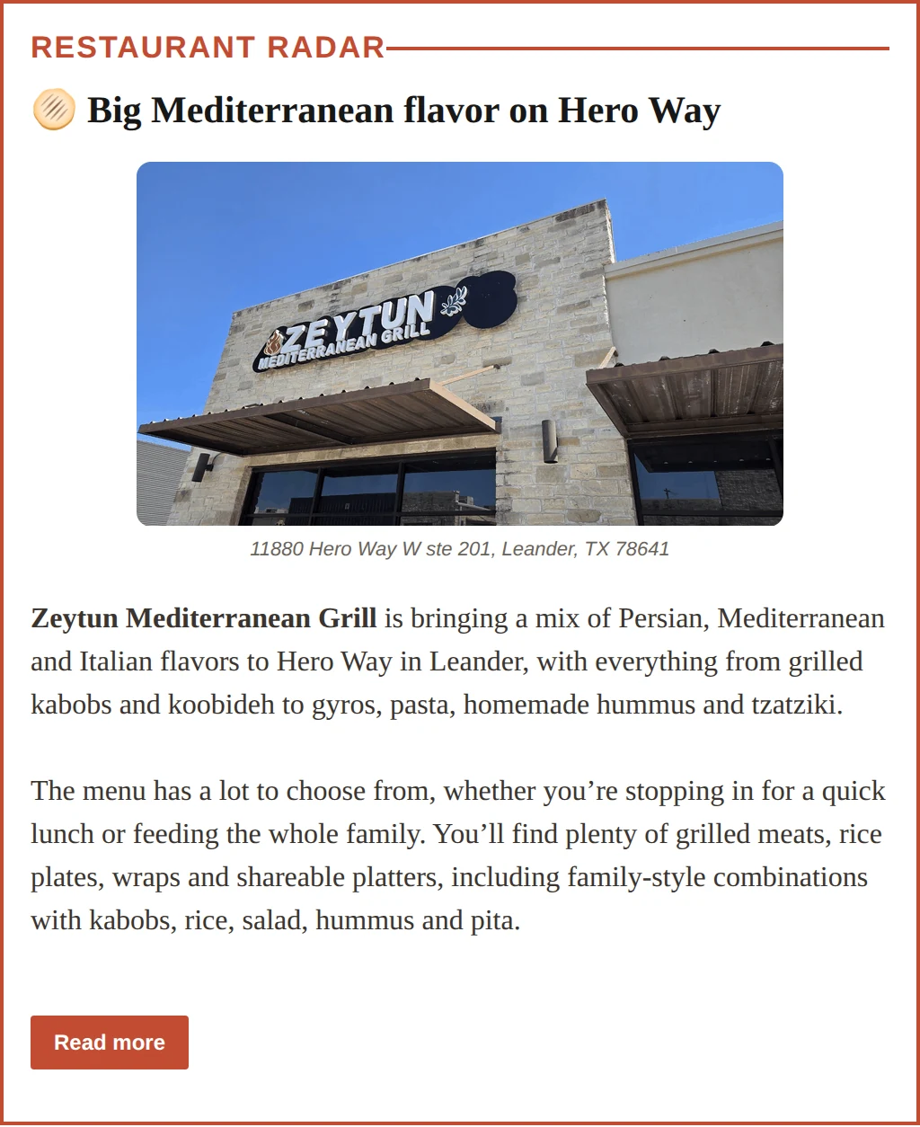 A restaurant section from one of our local newsletters